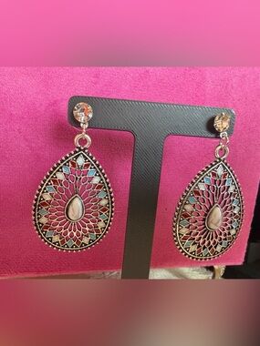Boho Teardrop Filigree Statement Earrings in Red, Turquoise and White